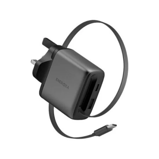 Energea Ampcharge Arc 65 1-Port USB-C, 1-Port USB-A & 1-USB-C Retractable Cable 65W GaN Wall Charger - Gunmetal